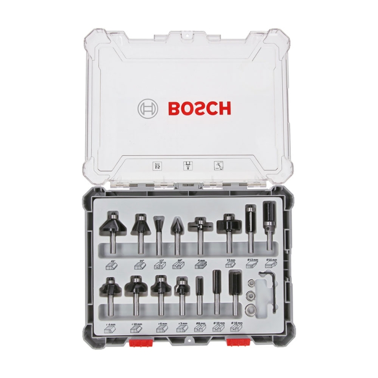 BOSCH 15-dijelni set mješovitih glodala 8 mm prihvat