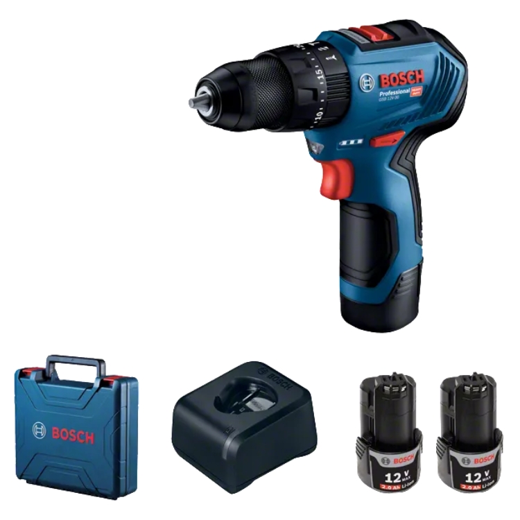 BOSCH aku udarna bušilica-izvijač GSB 12V-30 2xAku 12V 2,0Ah + kovčeg